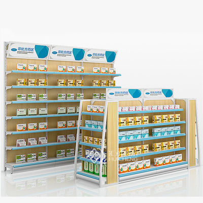 Le métal de la pharmacie L2000mm H1200mm et le double en bois d'unité d'étagère ont dégrossi
