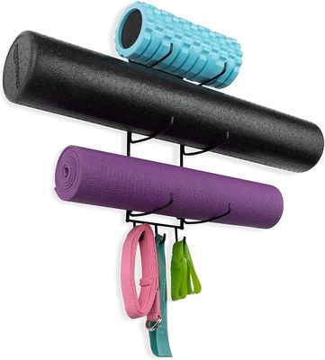 Support de Mat Foam Roller Towel Storage de yoga de bâti de mur avec 3 crochets
