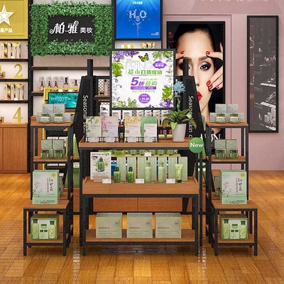 Fer empilé parconfiguration adapté aux besoins du client et supports d'affichage en bois de supermarché de coffret d'étalage de gondole de cosmétiques