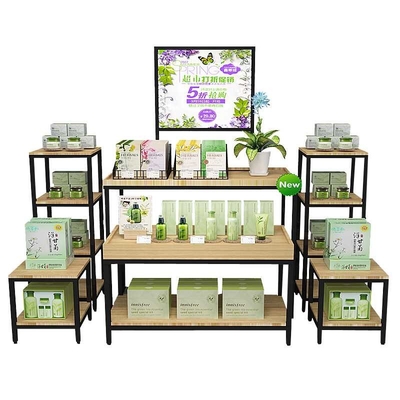 Fer empilé parconfiguration adapté aux besoins du client et supports d'affichage en bois de supermarché de coffret d'étalage de gondole de cosmétiques